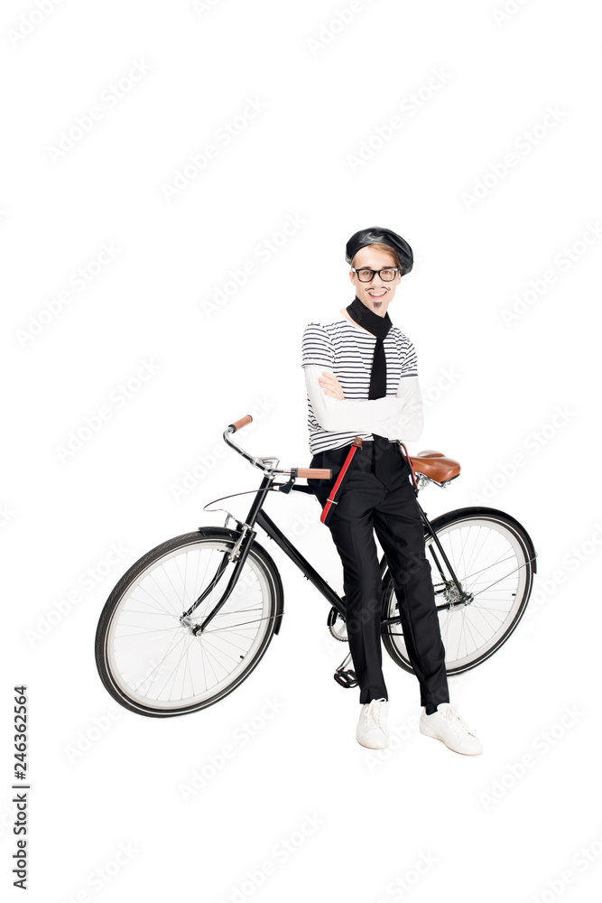 cheerful french man standing near bicycle isolated on white cheerful french man standing near bicycle isolated on white