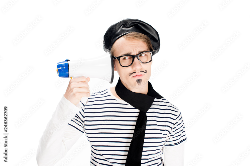 french man in glasses and beret holding megaphone near ear isolated on white french man in glasses and beret holding megaphone near ear isolated on white
