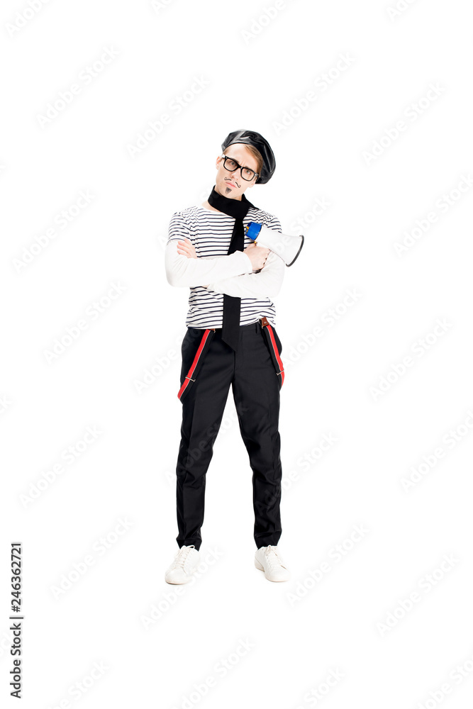 french man in black beret standing with crossed arms and holding megaphone isolated on white french man in black beret standing with crossed arms and holding megaphone isolated on white