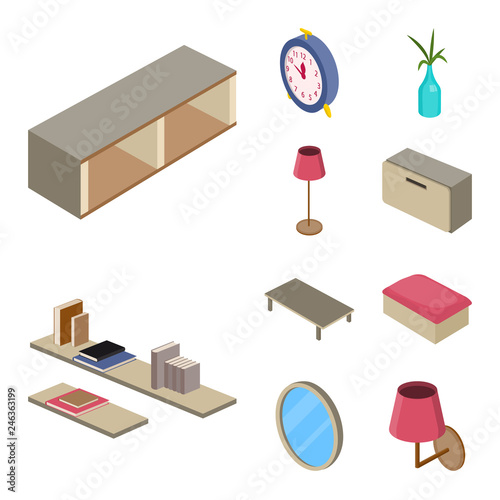 Vector illustration of bedroom and room symbol. Set of bedroom and furniture vector icon for stock.