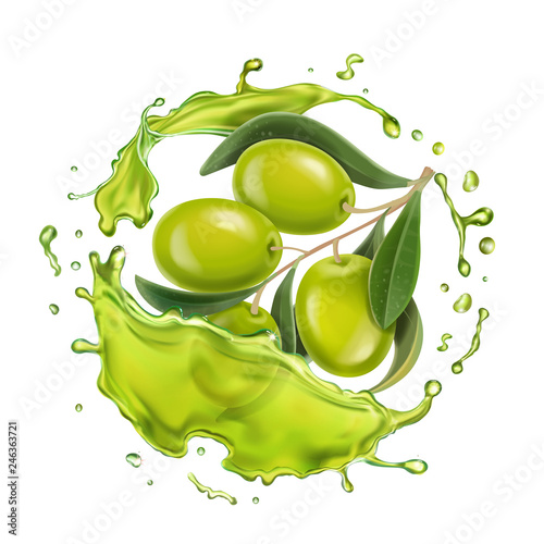 Olive branch in realistic olive oil splash