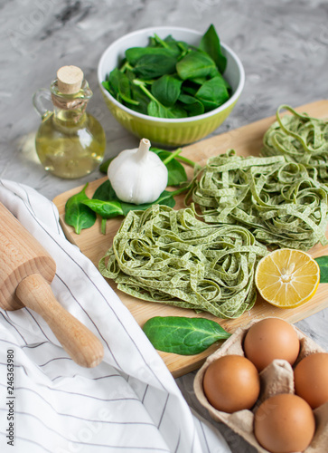 Preparation Italian Raw Homemade Green Spinach Pasta Tagliatelle Cooking Baking Kitchen Table Different Ingredients Eggs Olive Oil Flour