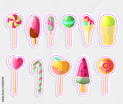 Set of bright vector candies, Ice creams Set of colorful lollipops and Ice-cream, cartoon illustration. Round and heart lollipop, caramelized apple, sweet candy cane, strawberry chocolate icecream