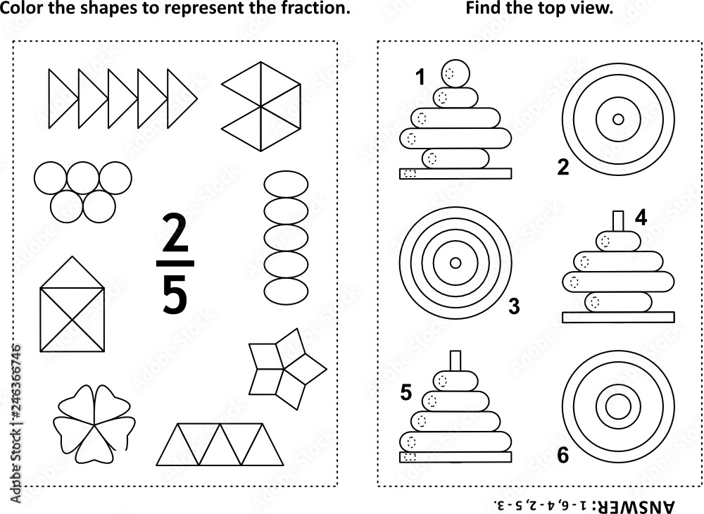 Two visual math puzzles and coloring pages. Color the shapes to