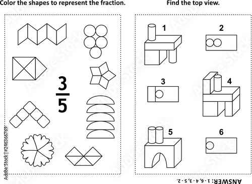 Two visual math puzzles and coloring pages. Color the shapes to represent the fraction. Find the top view. Black and white. Answers included.
