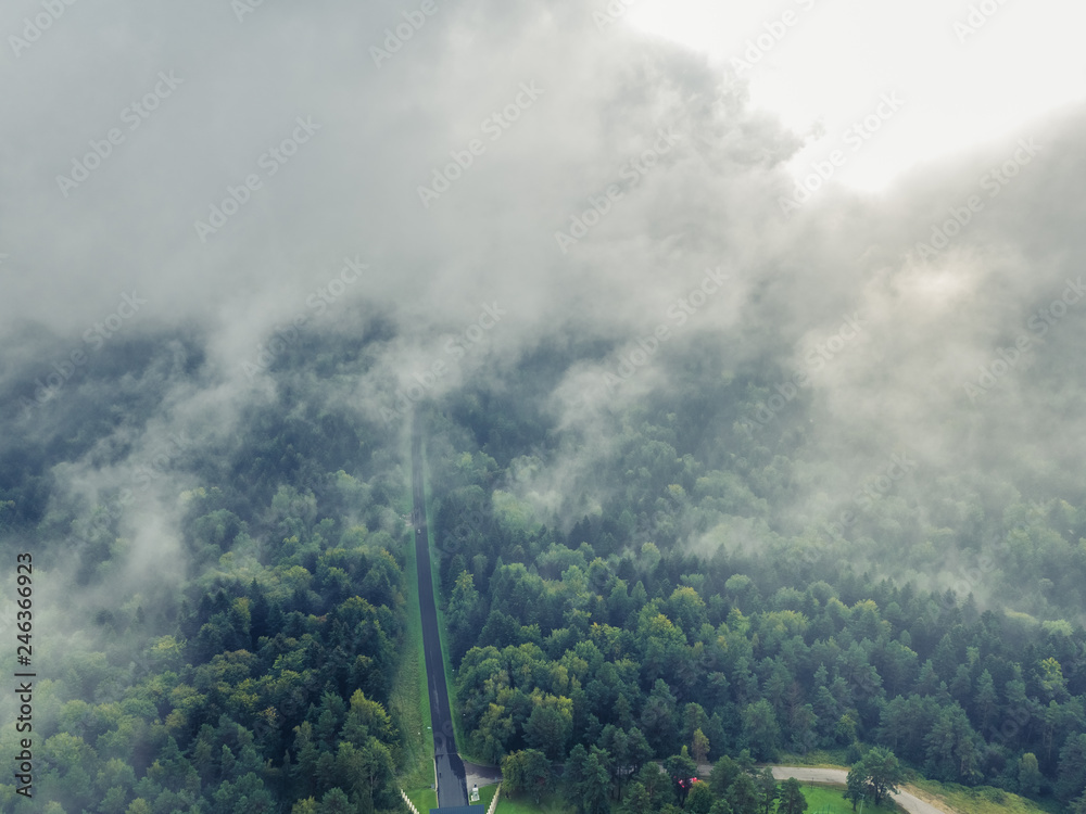 Bieszczady, mgła, droga przez las z drona