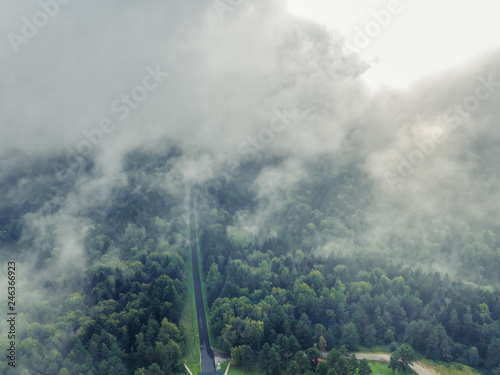 Bieszczady, mgła, droga przez las z drona 