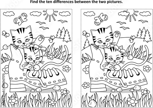Find the ten differences picture puzzle and coloring page with two cute playful kittens and old shoe
