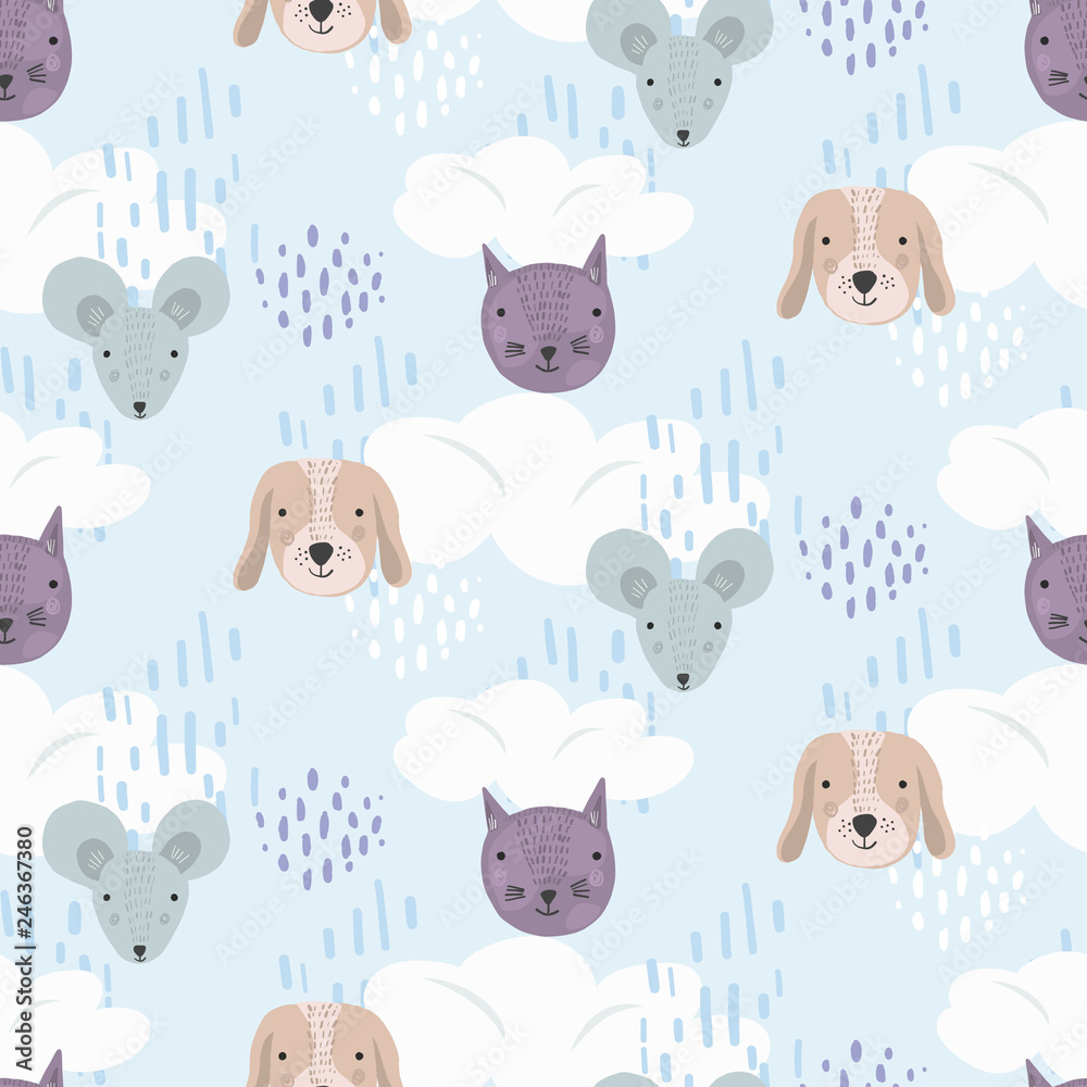 Cute Cartoon Seamless Pattern With Gray Mice Brown Dogs And Purple Cats Heads On Blue Sky With Clouds Background Funny Texture With Pets For Kids Design Wallpaper Textile Wrapping Paper Stock Vector