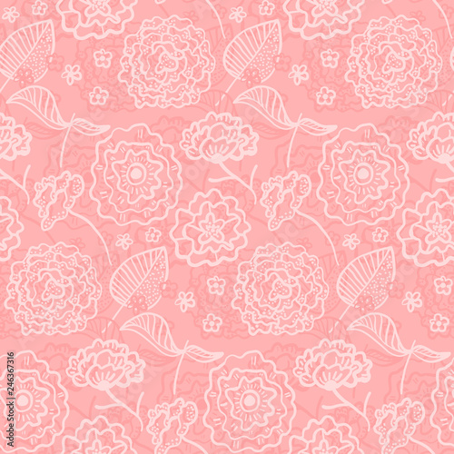 Tender coral seamless pattern with spring outline white hand drawn flowers. Romantic rose flowers and leaves on pastel pink background for textile  wrapping paper  cover  surface  wallpaper