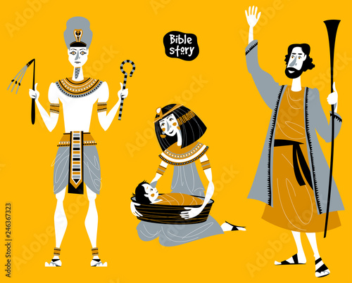 Bible story. Passover Haggadah. Pharaoh. Pharaoh’s daughter finds the basket with Moses. Hebrew prophet Moshe.