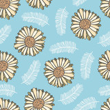Bright summer floral seamless pattern with yellow gerbera flowers and white leaves on blue background. Trendy hand drawn plants texture for textile, wrapping paper, surface, wallpaper