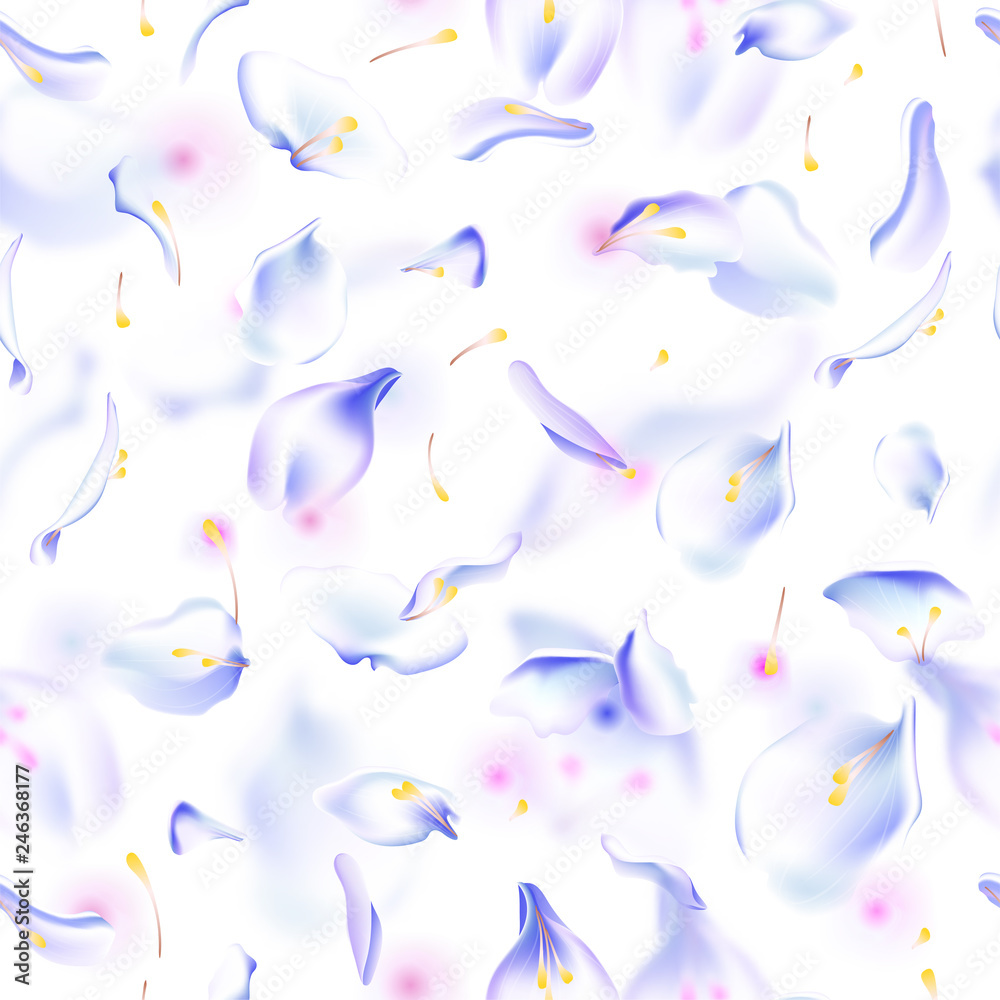 Vector seamless pattern with floral petals. Floral background with flowers, petal, blurred petals and soft leaves and stamen. Sakura petal pattern, blossom rose background, petals seamless pattern