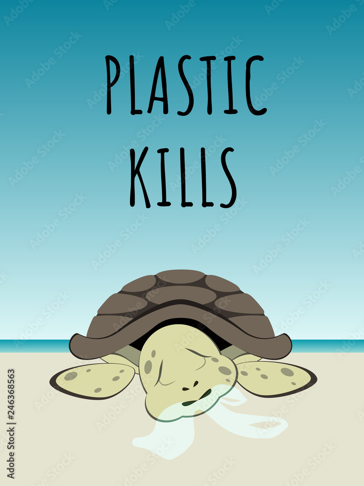 Plastic pollution in ocean - environmental problem. Turtle eats plastic