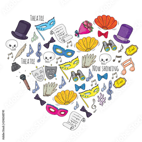 Theatre vector illustration. Entertaiment, cinema, stage, event. Background for banners, posters.