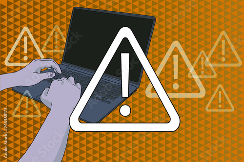 Símbolo de alerta sobre manos en teclado de ordenador
