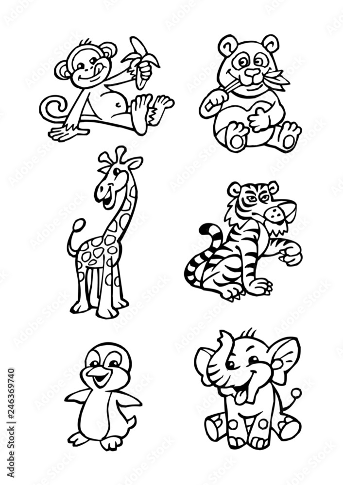 Fototapeta premium exotic animals set, tiger, penguin, panda, elephant, monkey, giraffe black and white
