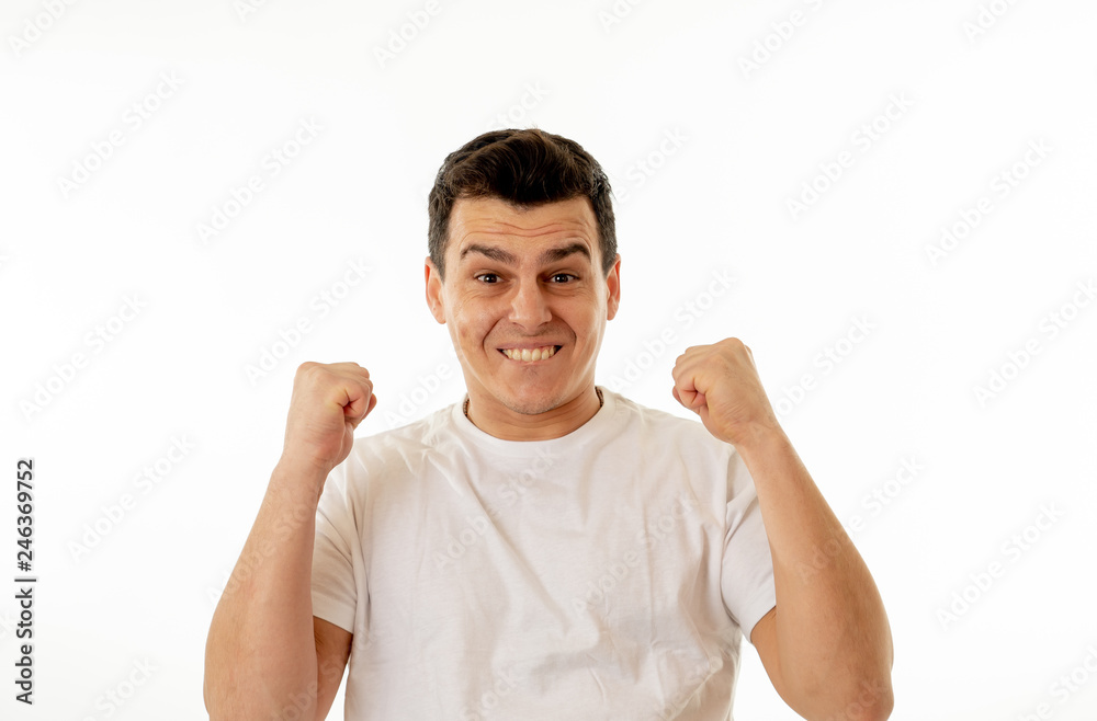 Close up portrait of surprised and happy man celebrating victory and wining lottery Close up portrait of surprised and happy man celebrating victory and wining lottery