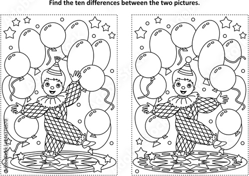 Circus themed find the ten differences picture puzzle and coloring page with little cute clown performing with balloons
