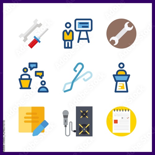 9 workshop icon. Vector illustration workshop set. note and speaker icons for workshop works