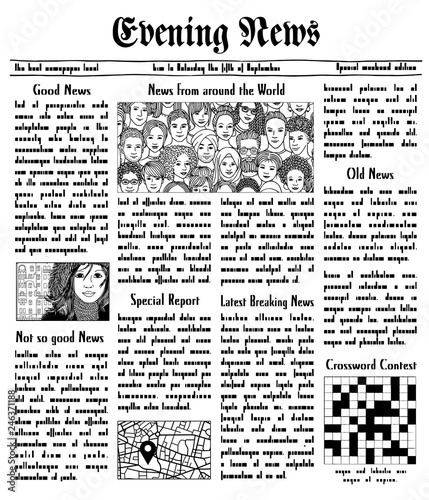 Fake newspaper with unreadable text and hand drawn illustrations photo