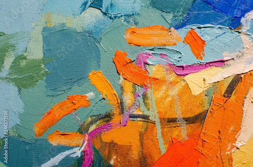 Abstract colorful oil painting on canvas. Oil paint texture with brush and palette knife strokes. Multi colored wallpaper. Macro close up acrylic background. Modern art concept. Horizontal fragment.