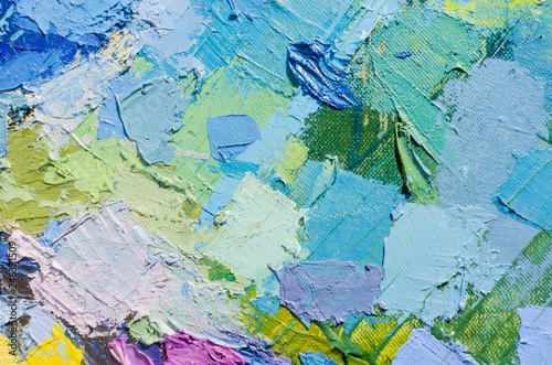 Abstract colorful oil painting on canvas. Oil paint texture with brush and palette knife strokes. Multi colored wallpaper. Macro close up acrylic background. Modern art concept. Horizontal fragment.