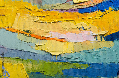 Abstract colorful oil painting on canvas. Oil paint texture with brush and palette knife strokes. Multi colored wallpaper. Macro close up acrylic background. Modern art concept. Horizontal fragment.
