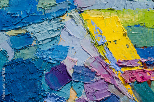 Abstract colorful oil painting on canvas. Oil paint texture with brush and palette knife strokes. Multi colored wallpaper. Macro close up acrylic background. Modern art concept. Horizontal fragment.