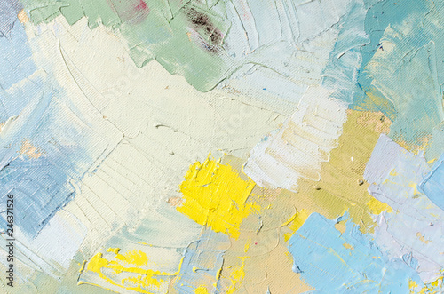 Abstract colorful oil painting on canvas. Oil paint texture with brush and palette knife strokes. Multi colored wallpaper. Macro close up acrylic background. Modern art concept. Horizontal fragment.