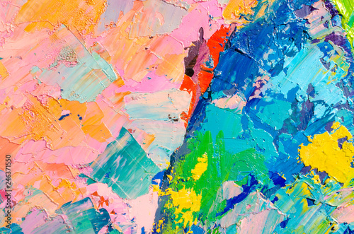 Abstract colorful oil painting on canvas. Oil paint texture with brush and palette knife strokes. Multi colored wallpaper. Macro close up acrylic background. Modern art concept. Horizontal fragment.