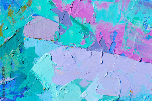Fototapeta Naklejka Na Ścianę i Meble -  Abstract colorful oil painting on canvas. Oil paint texture with brush and palette knife strokes. Multi colored wallpaper. Macro close up acrylic background. Modern art concept. Horizontal fragment.