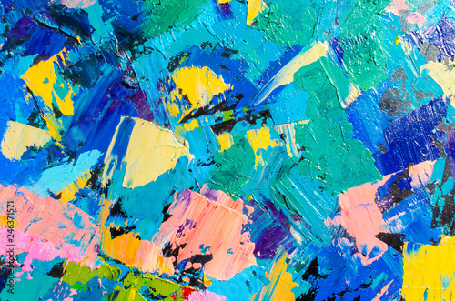 Abstract colorful oil painting on canvas. Oil paint texture with brush and palette knife strokes. Multi colored wallpaper. Macro close up acrylic background. Modern art concept. Horizontal fragment.