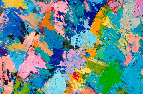 Abstract colorful oil painting on canvas. Oil paint texture with brush and palette knife strokes. Multi colored wallpaper. Macro close up acrylic background. Modern art concept. Horizontal fragment.