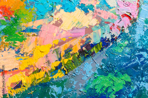 Abstract colorful oil painting on canvas. Oil paint texture with brush and palette knife strokes. Multi colored wallpaper. Macro close up acrylic background. Modern art concept. Horizontal fragment.