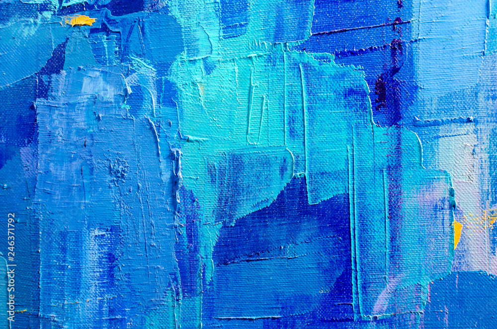 Abstract colorful oil painting on canvas. Oil paint texture with brush and palette knife strokes. Multi colored wallpaper. Macro close up acrylic background. Modern art concept. Horizontal fragment.