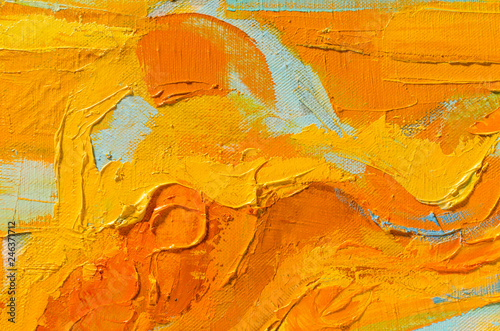 Abstract colorful oil painting on canvas. Oil paint texture with brush and palette knife strokes. Multi colored wallpaper. Macro close up acrylic background. Modern art concept. Horizontal fragment.