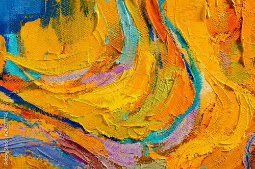 Abstract colorful oil painting on canvas. Oil paint texture with brush and palette knife strokes. Multi colored wallpaper. Macro close up acrylic background. Modern art concept. Horizontal fragment.