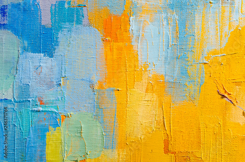 Fototapeta Naklejka Na Ścianę i Meble -  Abstract colorful oil painting on canvas. Oil paint texture with brush and palette knife strokes. Multi colored wallpaper. Macro close up acrylic background. Modern art concept. Horizontal fragment.