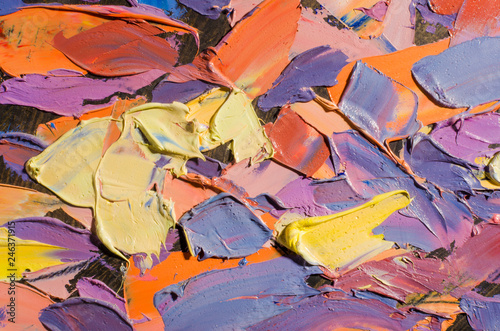 Abstract colorful oil painting on canvas. Oil paint texture with brush and palette knife strokes. Multi colored wallpaper. Macro close up acrylic background. Modern art concept. Horizontal fragment.