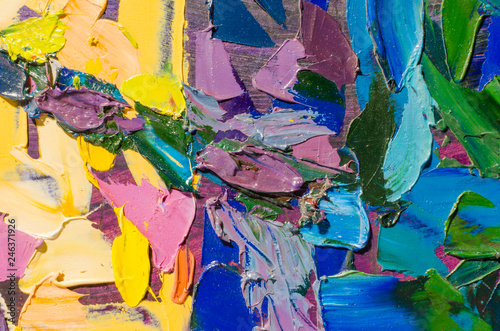 Abstract colorful oil painting on canvas. Oil paint texture with brush and palette knife strokes. Multi colored wallpaper. Macro close up acrylic background. Modern art concept. Horizontal fragment.