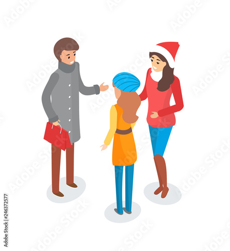 Man and woman discussing topic outdoors winter season vector. People friends wearing warm clothes, woman with Santa Claus hat on head, talking person