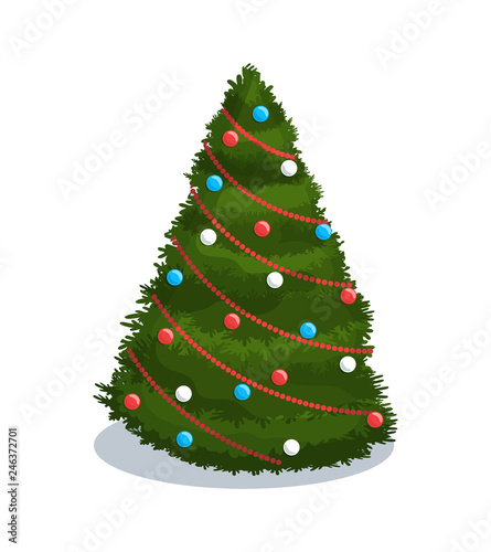 Christmas-tree decoration with colorful balls and red chaplet. Single fir-tree in flat style isolated on white. Holiday 3d greeting papercard vector