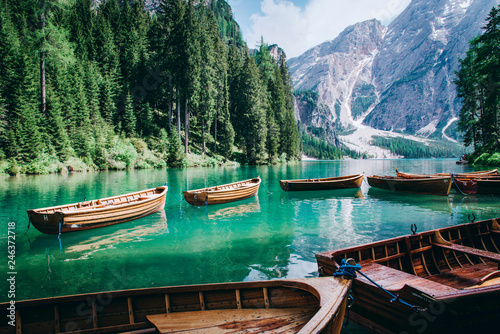 Beautiful view of Lago di Braies or Pragser wildsee, Italy.