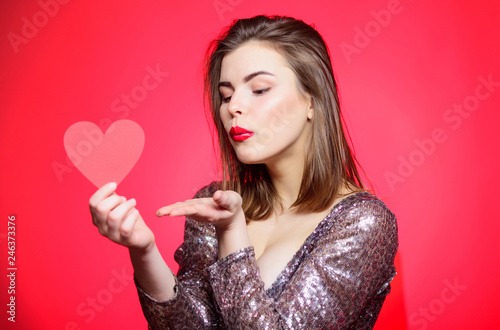Spread romantic mood around. Air kiss. Love you so much. Woman attractive kiss face send love to you. Valentines day and romantic mood. Tender kiss from lovely girl with makeup red lips. Sweet kiss