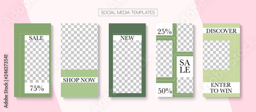 Editable Stories Minimal Vector Layout. Social Media Like and Share, Trends, Sale -50 Photo Frames Kit. Sale Insta Stories Layout