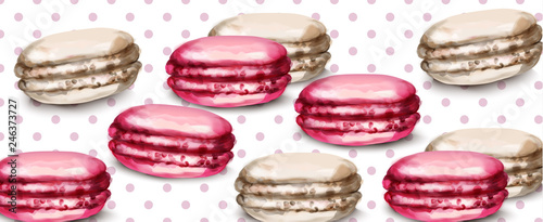 Macaroons retro background Vector watercolor. Banner template sweet french de...