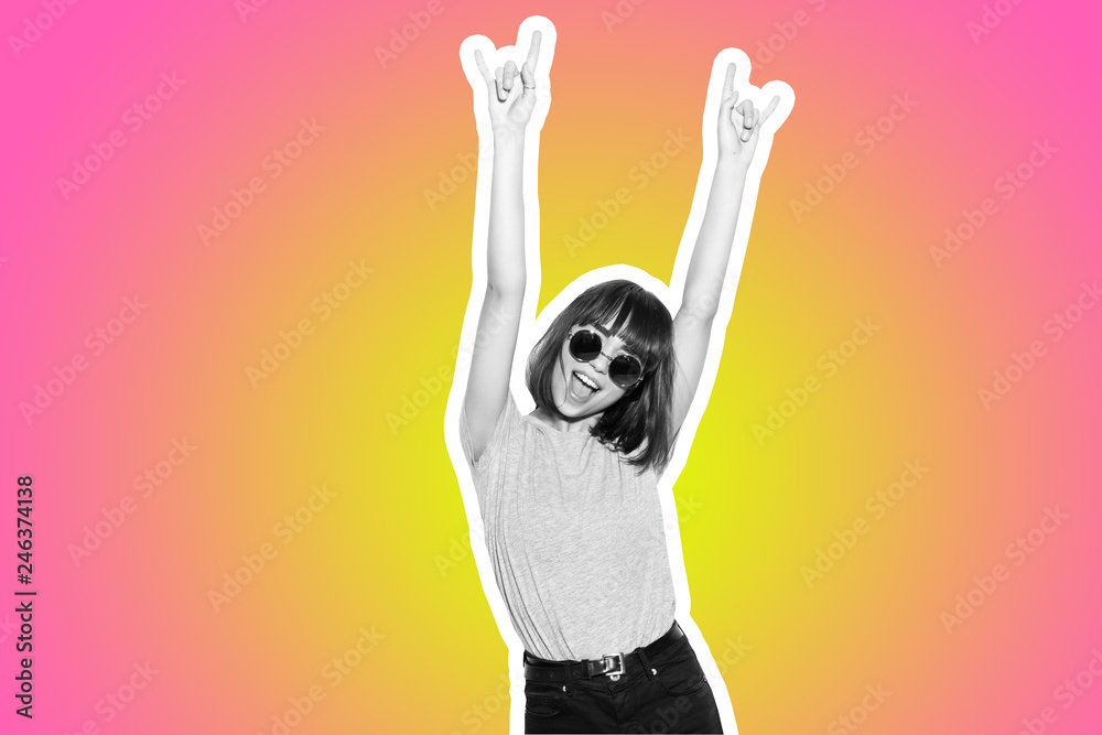 Collage in magazine style with colorful emotional fashion crazy girl in sunglasses scream with rock sign on color background