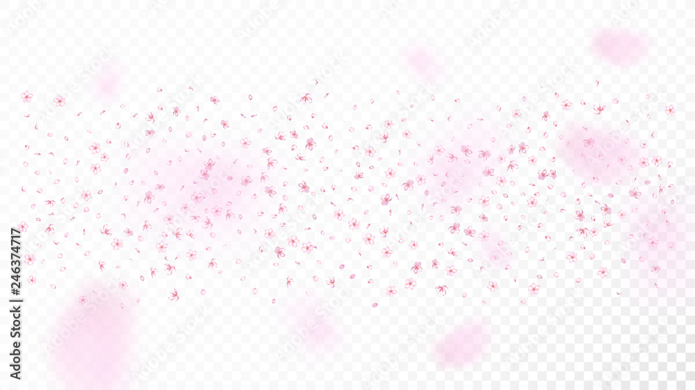 Obraz premium Nice Sakura Blossom Isolated Vector. Tender Flying 3d Petals Wedding Border. Japanese Blooming Flowers Illustration. Valentine, Mother's Day Beautiful Nice Sakura Blossom Isolated on White