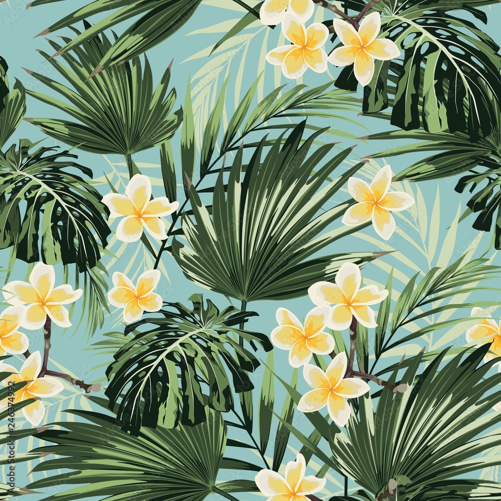 Beautiful seamless floral pattern background with exotic bright palm leaves and plumeria flowers. Perfect for wallpapers, web page backgrounds, textile. Vintage blue background. Beautiful seamless floral pattern background with exotic bright palm leaves and plumeria flowers. Perfect for wallpapers, web page backgrounds, textile. Vintage blue background.